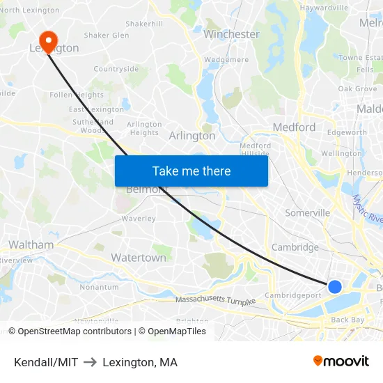 Kendall/MIT to Lexington, MA map