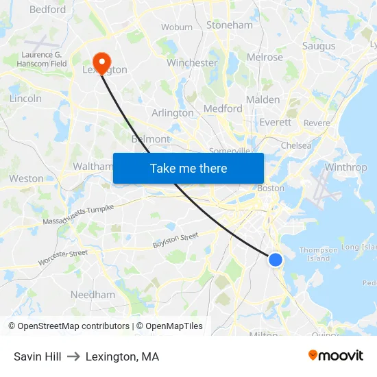 Savin Hill to Lexington, MA map
