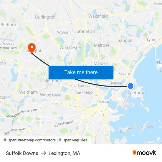 Suffolk Downs to Lexington, MA map