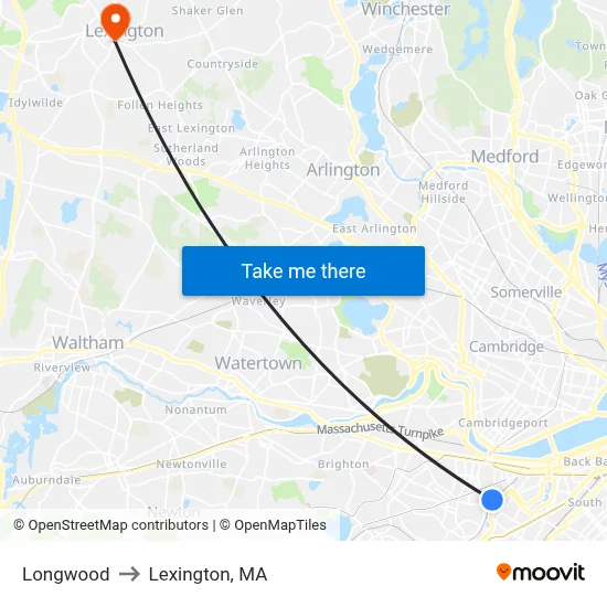 Longwood to Lexington, MA map