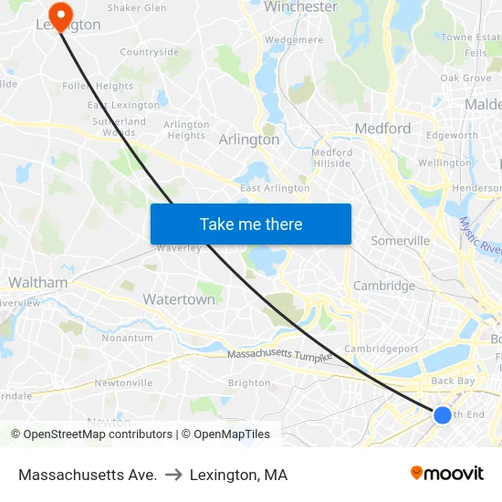 Massachusetts Ave. to Lexington, MA map