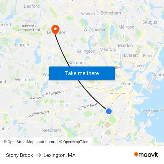 Stony Brook to Lexington, MA map