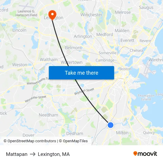 Mattapan to Lexington, MA map