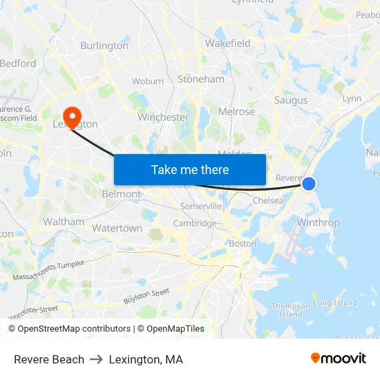 Revere Beach to Lexington, MA map