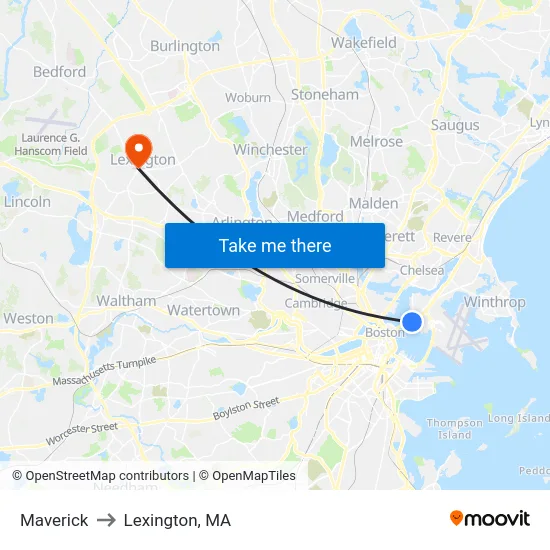 Maverick to Lexington, MA map