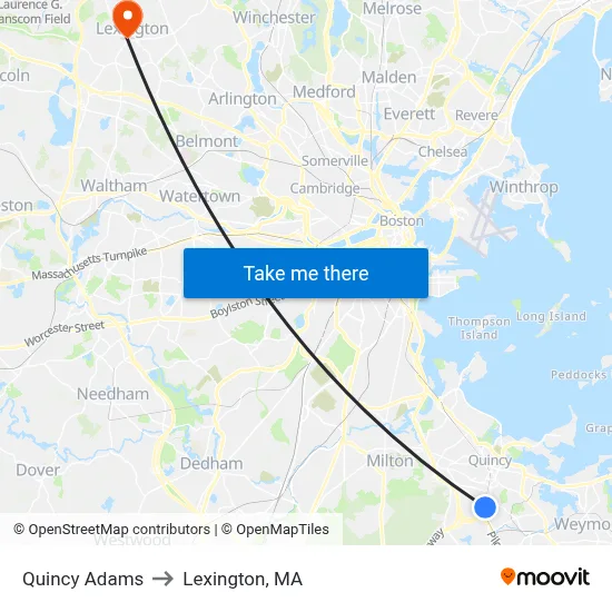 Quincy Adams to Lexington, MA map