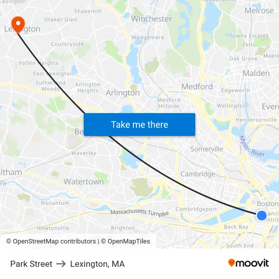 Park Street to Lexington, MA map
