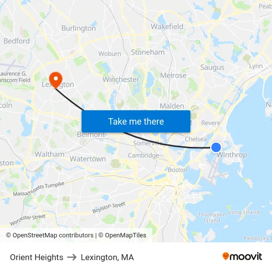 Orient Heights to Lexington, MA map