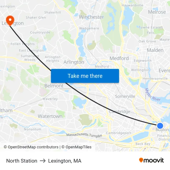 North Station to Lexington, MA map