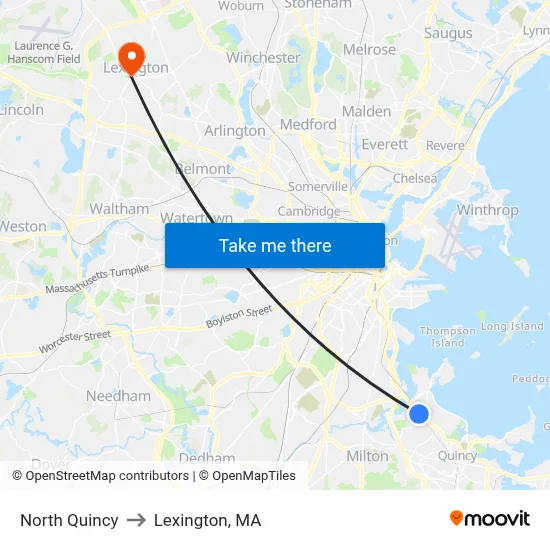 North Quincy to Lexington, MA map