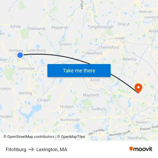 Fitchburg to Lexington, MA map