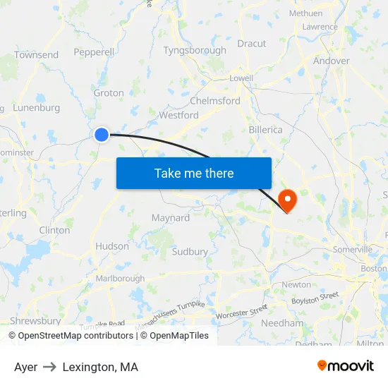 Ayer to Lexington, MA map