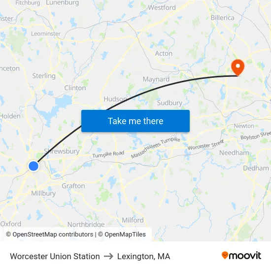 Worcester Union Station to Lexington, MA map