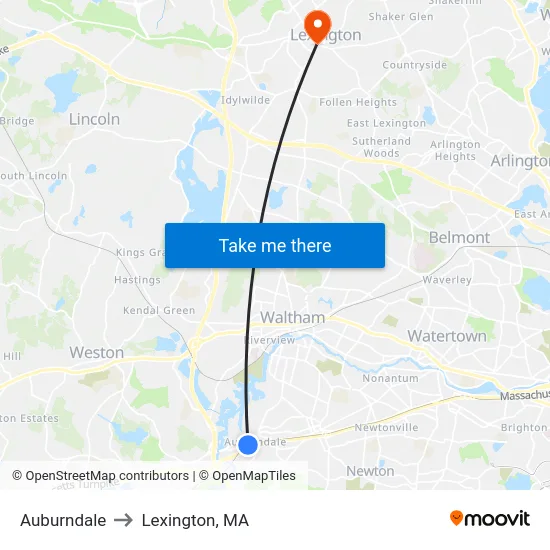Auburndale to Lexington, MA map