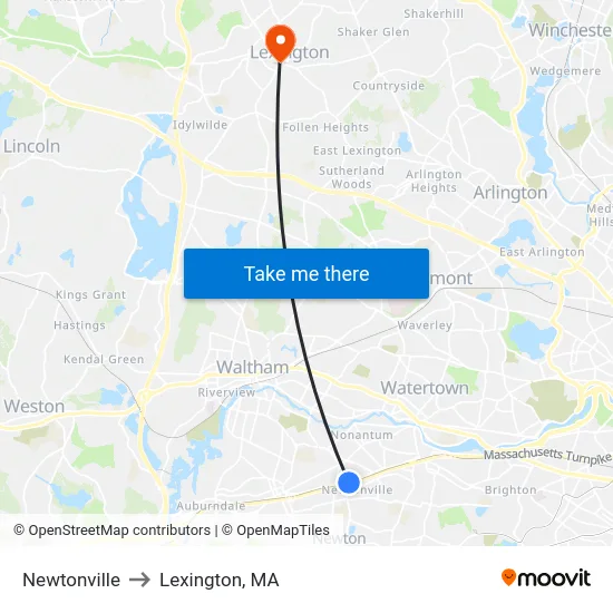 Newtonville to Lexington, MA map