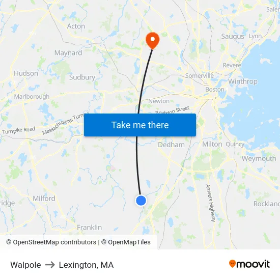 Walpole to Lexington, MA map
