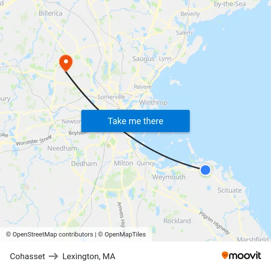 Cohasset to Lexington, MA map