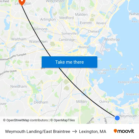 Weymouth Landing/East Braintree to Lexington, MA map