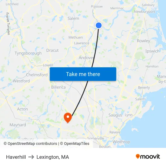 Haverhill to Lexington, MA map