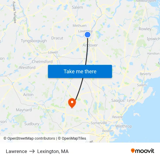 Lawrence to Lexington, MA map