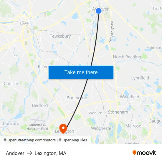 Andover to Lexington, MA map