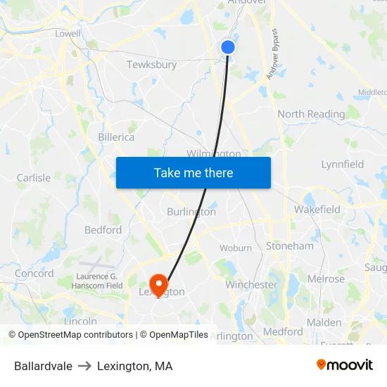 Ballardvale to Lexington, MA map