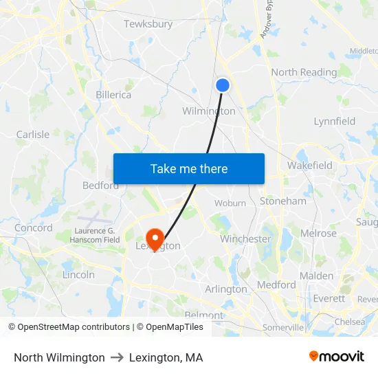 North Wilmington to Lexington, MA map