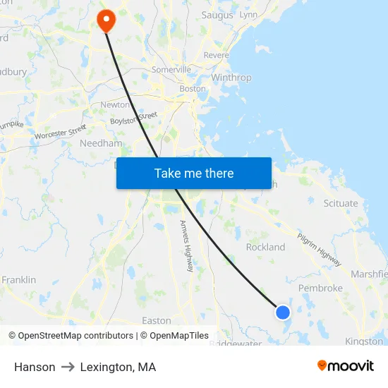 Hanson to Lexington, MA map