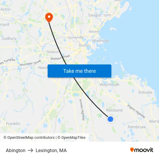 Abington to Lexington, MA map
