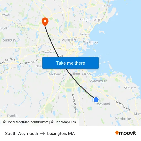 South Weymouth to Lexington, MA map