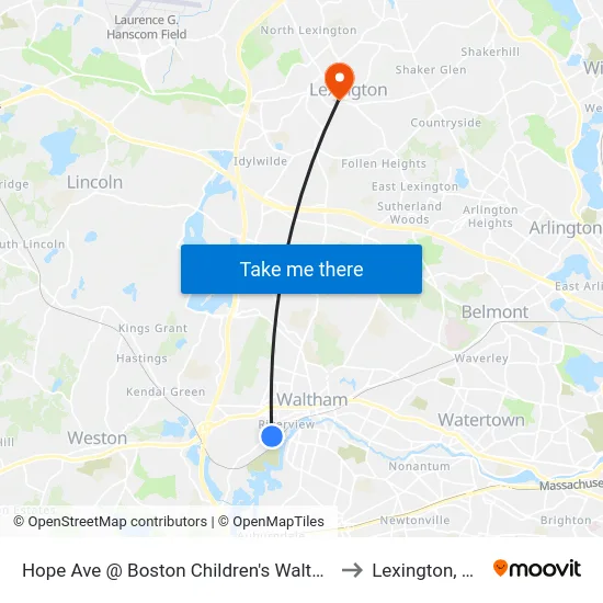 Hope Ave @ Boston Children's Waltham to Lexington, MA map