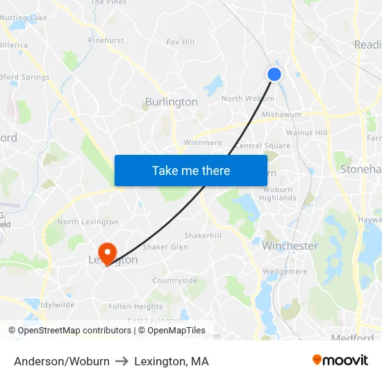 Anderson/Woburn to Lexington, MA map