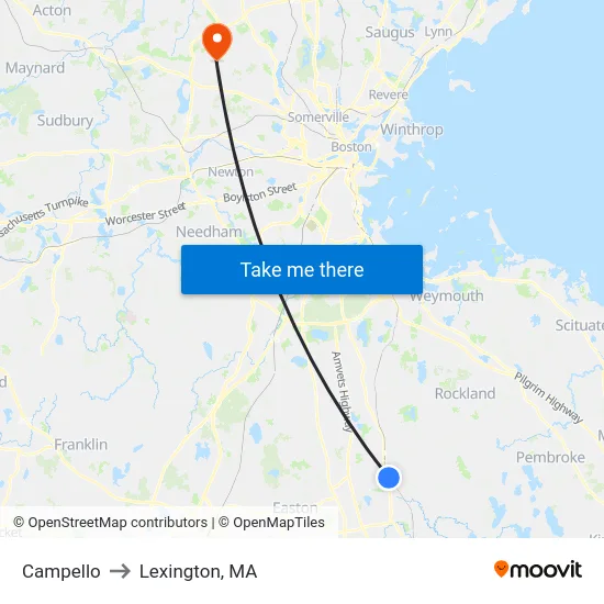 Campello to Lexington, MA map