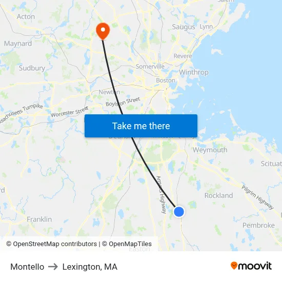 Montello to Lexington, MA map