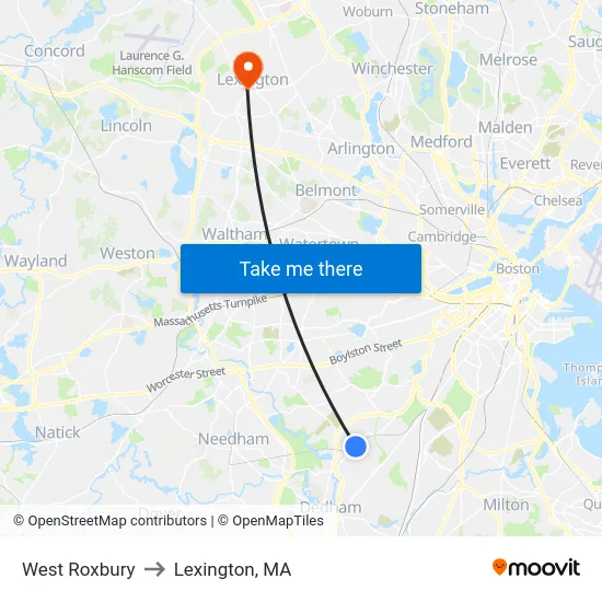 West Roxbury to Lexington, MA map