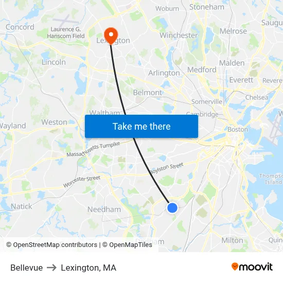 Bellevue to Lexington, MA map