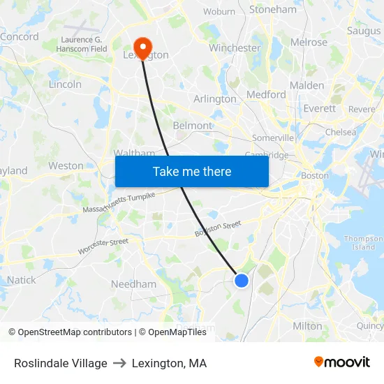Roslindale Village to Lexington, MA map