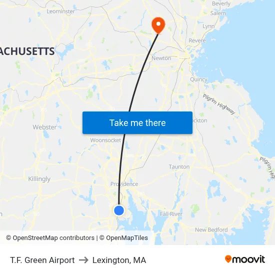 T.F. Green Airport to Lexington, MA map