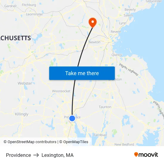 Providence to Lexington, MA map