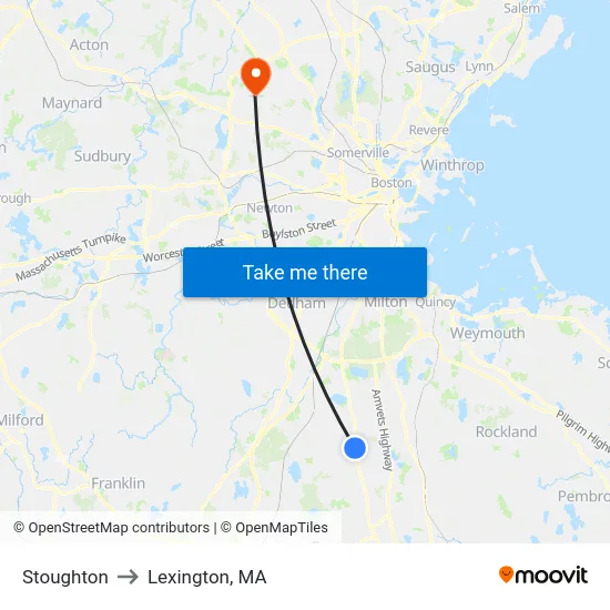 Stoughton to Lexington, MA map