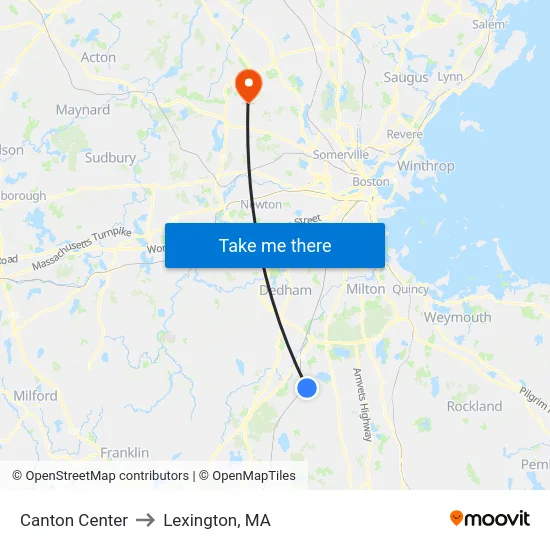 Canton Center to Lexington, MA map
