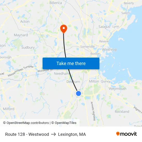 Route 128 - Westwood to Lexington, MA map