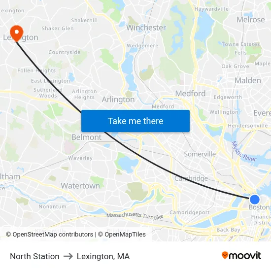 North Station to Lexington, MA map