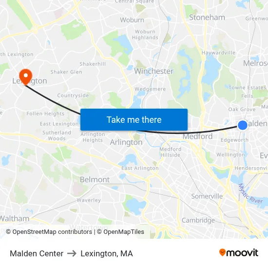 Malden Center to Lexington, MA map