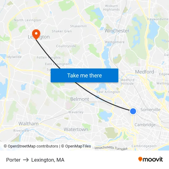 Porter to Lexington, MA map
