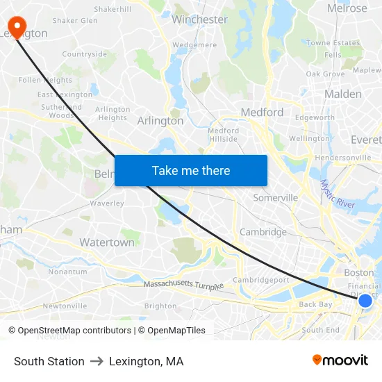 South Station to Lexington, MA map