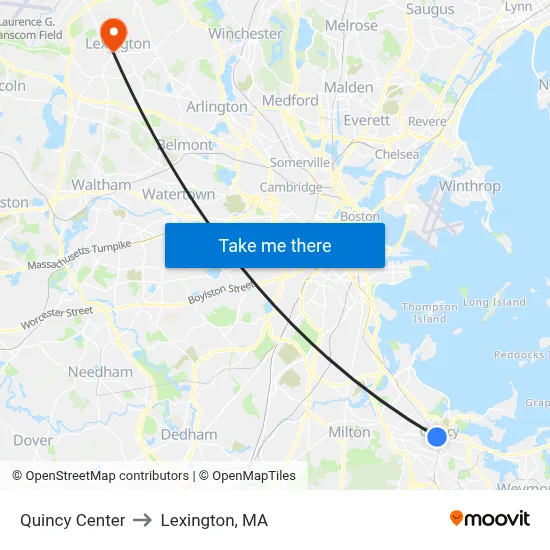 Quincy Center to Lexington, MA map