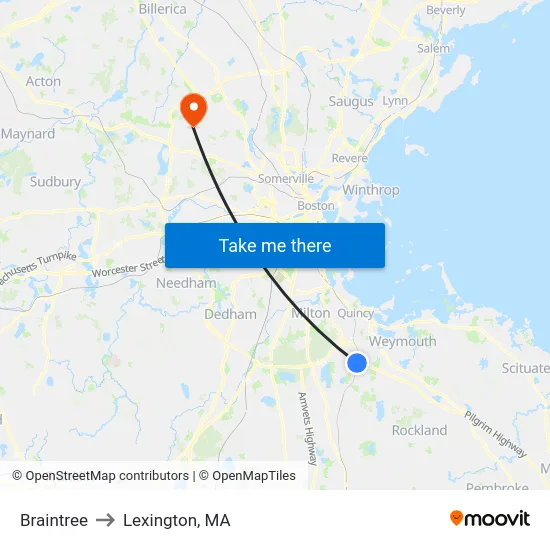 Braintree to Lexington, MA map