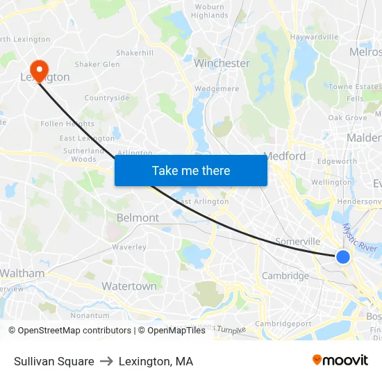 Sullivan Square to Lexington, MA map