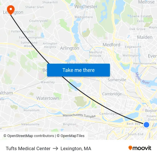 Tufts Medical Center to Lexington, MA map